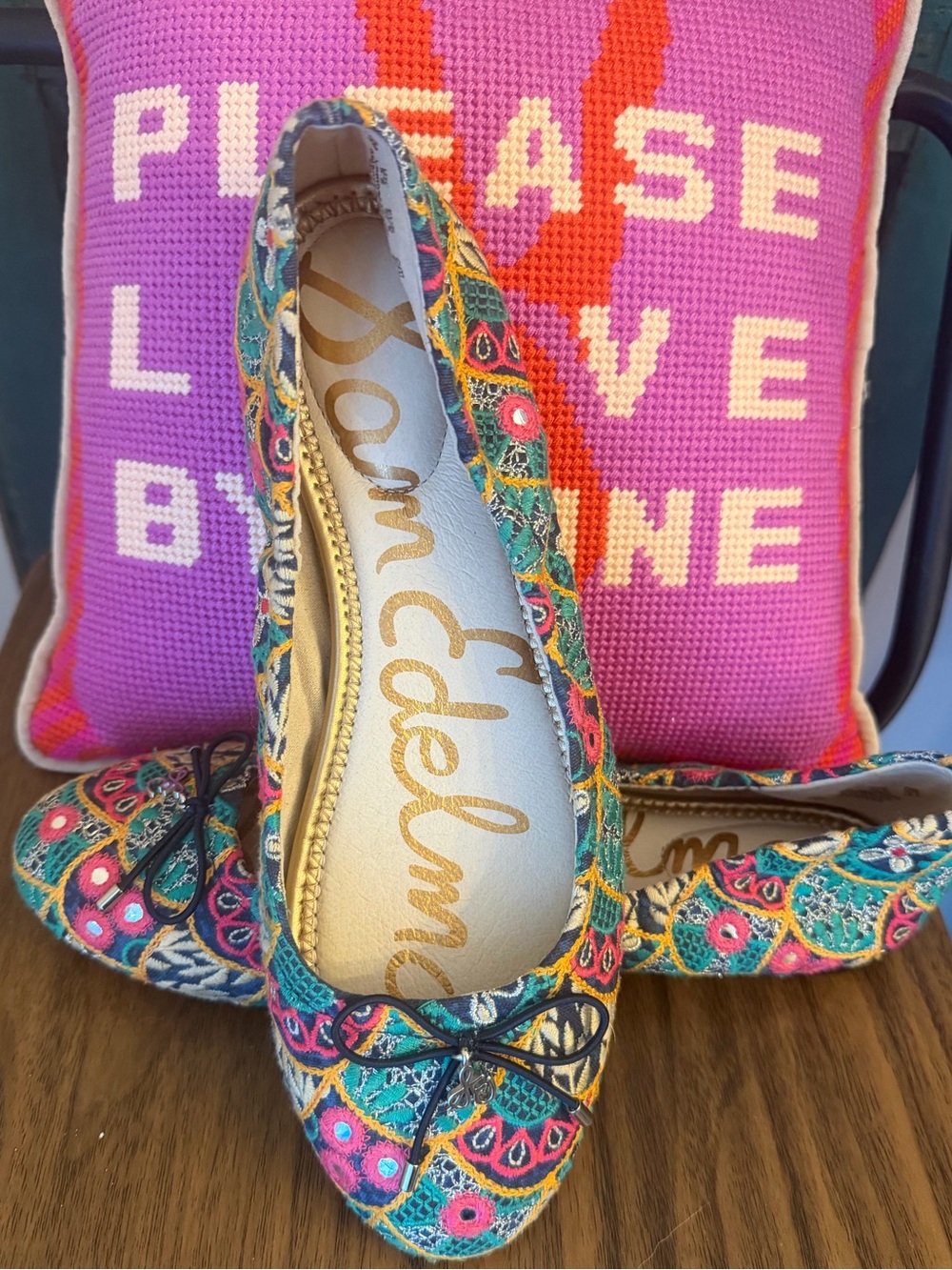 Sam Edelman Teal Pink Multicolor Embroidered Felicia Ballet Flats